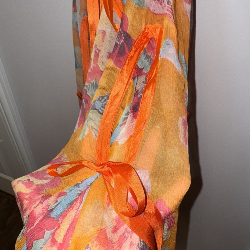 JOHNNY WAS 100% Silk Maxi Dress Sz S Orange Floral Tiered Lined Boho Ribbon Slip - Picture 5 of 16